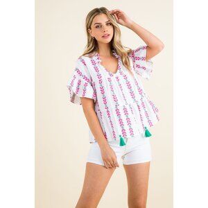 THML Womens Top Sz S Anthropologie White Pink Tassel Tie Embroidered Boho Blouse